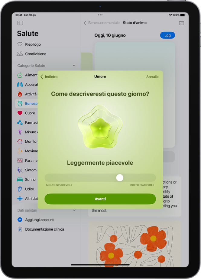 Una schermata nell’app Salute che identifica l’umore attuale come “Leggermente piacevole”. Nella parte inferiore dello schermo è presente un cursore per regolare il livello dell’emozione.