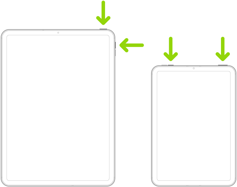 Due modelli di iPad. Entrambi hanno un pulsante superiore, un modello di iPad ha i tasti del volume su un lato, mentre l’altro ha il tasto del volume in alto. Due frecce indicano il tasto superiore e i tasti volume.