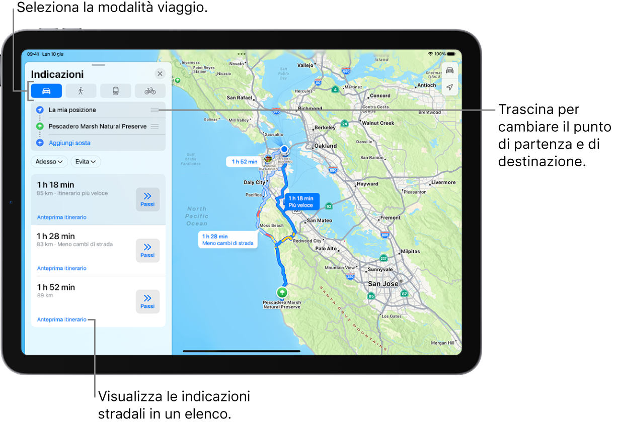 Una mappa, con diversi itinerari possibili tra la posizione attuale e la destinazione scelta in auto.