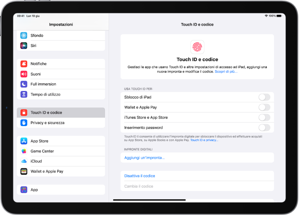 Una schermata che mostra le impostazioni per Touch ID e per il codice, con le opzioni per aggiungere un’impronta digitale e attivare il codice.