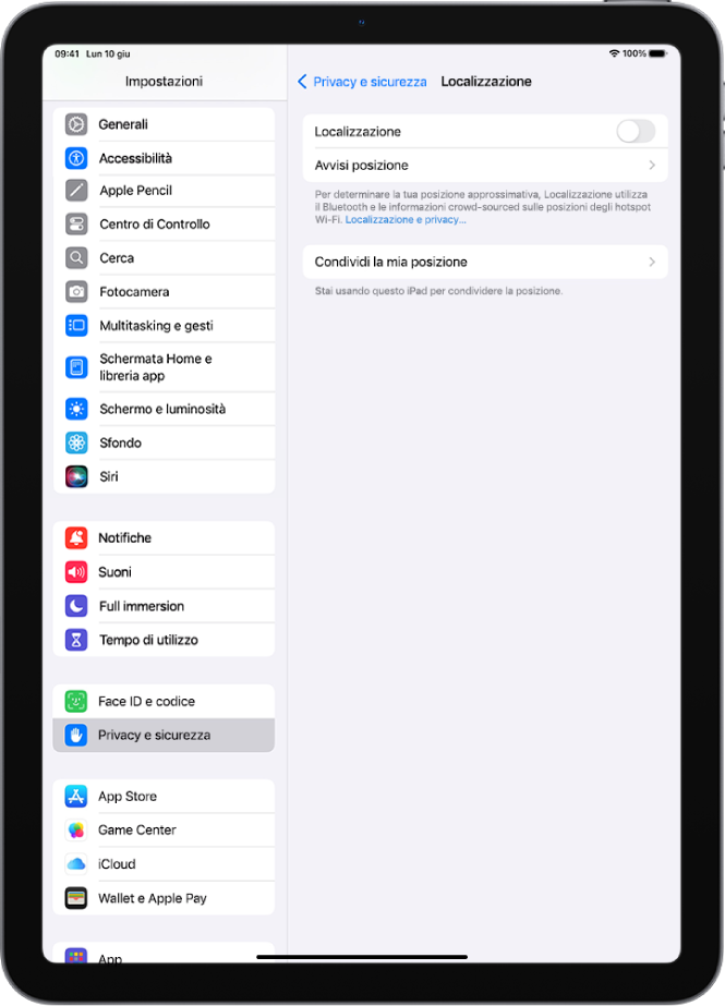 La schermata Localizzazione con le impostazioni per condividere la posizione di iPad con altre app.