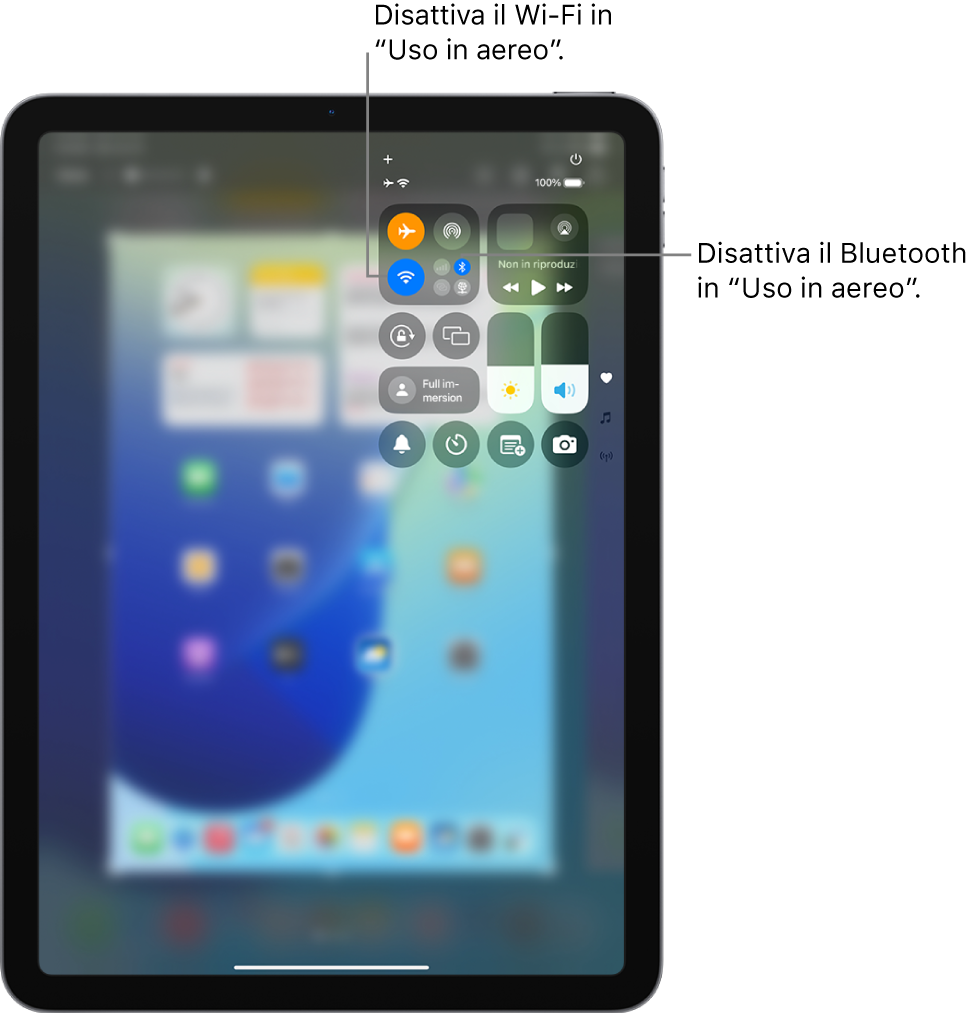 Centro di Controllo su iPad che mostra che la modalità “Uso in aereo” è attiva. I pulsanti per disattivare il Wi-Fi e il Bluetooth sono visibili nell’angolo superiore sinistro di Centro di Controllo. Tocca l’icona Bluetooth per disattivare il Bluetooth in modalità “Uso in aereo”. Tocca l’icona Wi-Fi per disattivare il Wi-Fi in modalità “Uso in aereo”.
