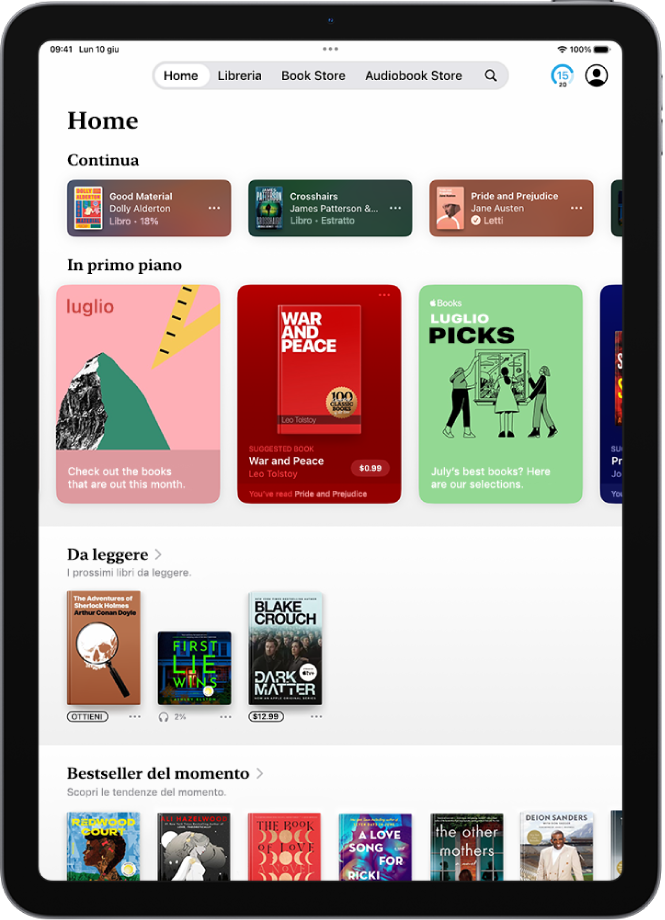 La schermata Home nell’app Libri che mostra le sezioni dei libri attuali, recenti e da leggere.