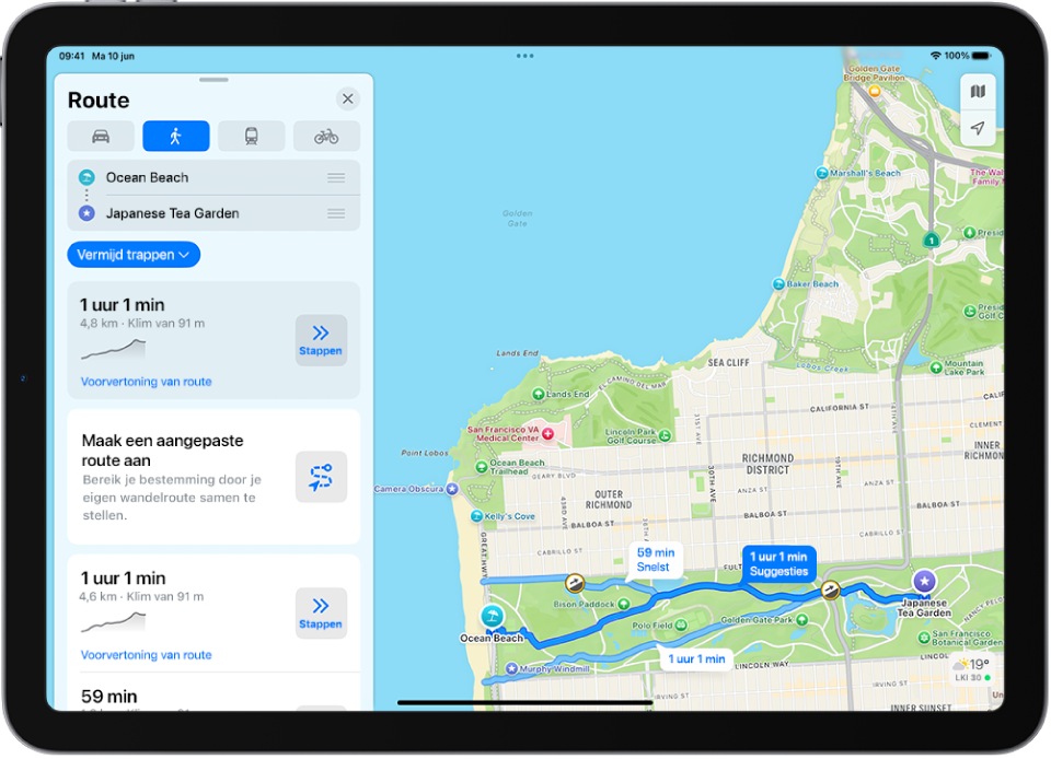 De Kaarten-app met meerdere opties voor wandelroutes.