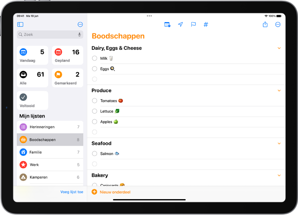 De Herinneringen-app met een boodschappenlijst en onderdelen in categorieën, zoals 'Groenten en fruit' en 'Zeevruchten'.