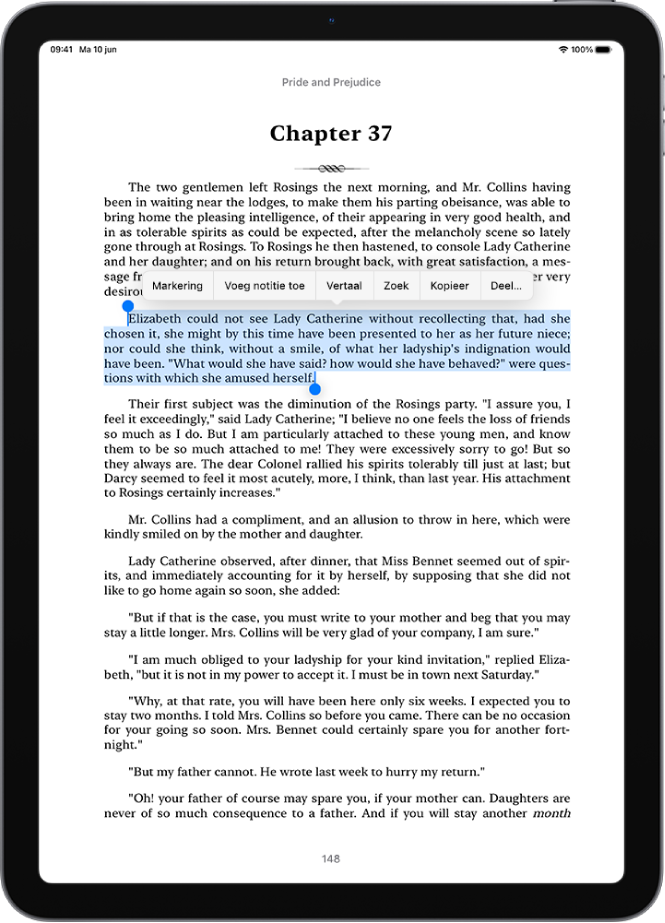 Een pagina van een boek in de Boeken-app waarbij een deel van de tekst op de pagina is geselecteerd. De regelaars 'Markering', 'Voeg notitie toe', 'Vertaal', Zoek', 'Kopieer' en 'Deel' worden boven de geselecteerde tekst weergegeven.