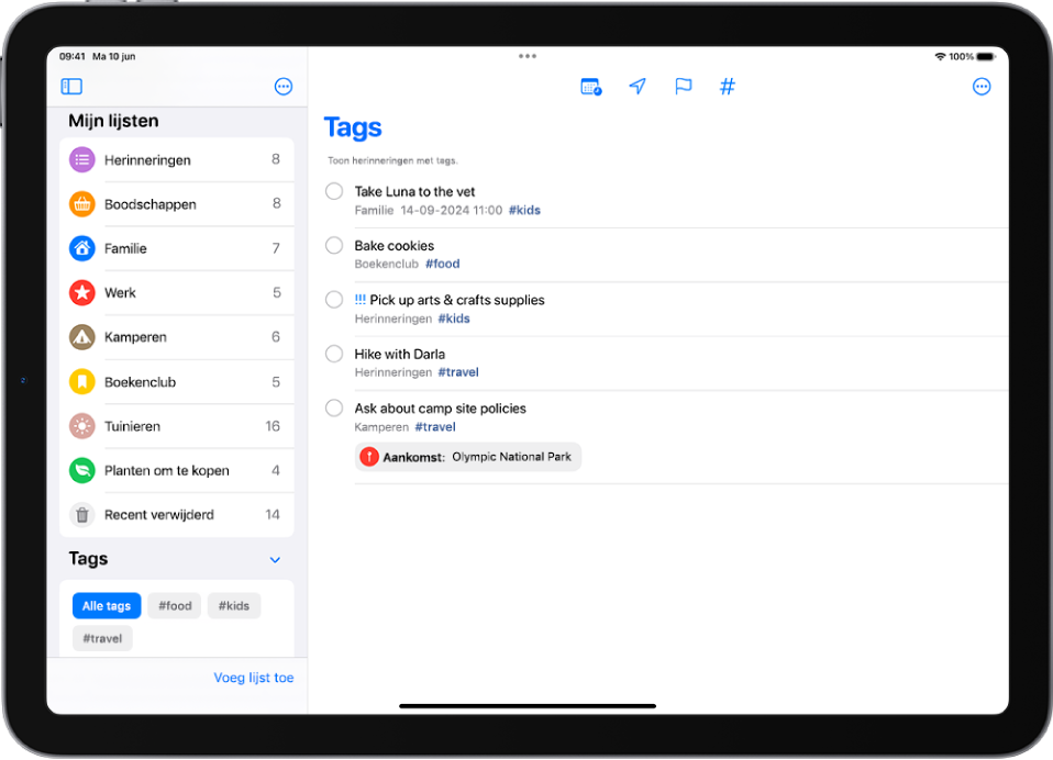 De Herinneringen-app met meerdere lijsten en aan de linkerkant de tagkiezer. Aan de rechterkant staat een lijst met alle onderdelen met tags.