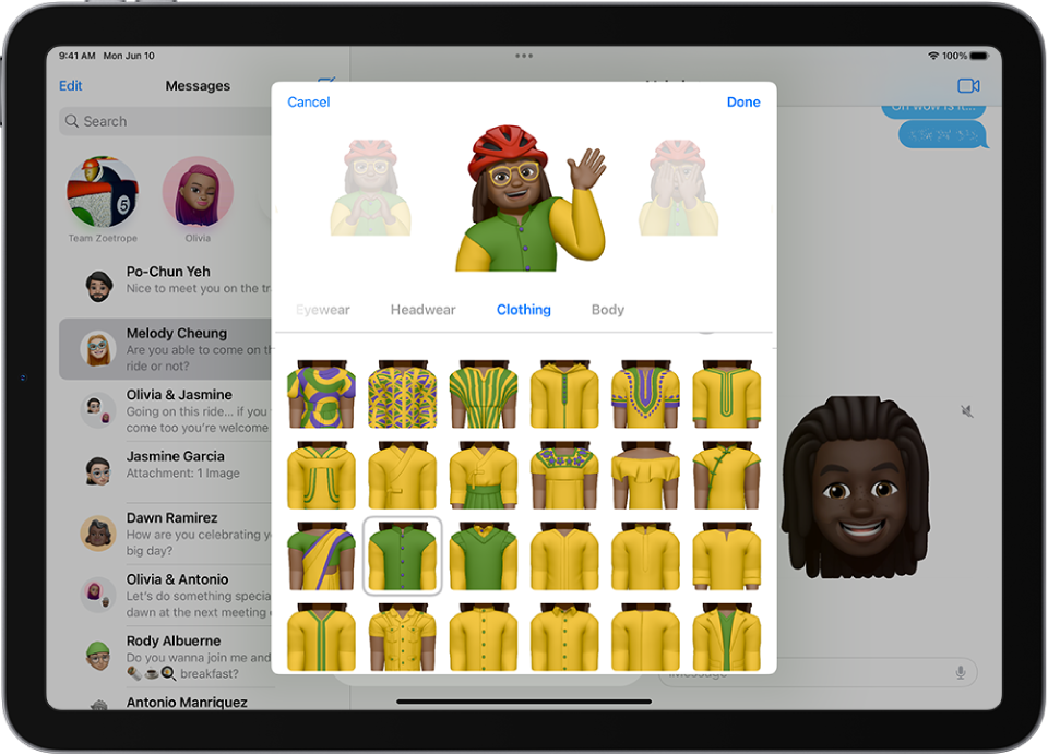 Ecrã de Memoji que mostra a personagem a ser criada no meio, funcionalidades de personalização por baixo da personagem e, por baixo disso, opções para a funcionalidade selecionada. No canto superior direito está o botão OK e no canto superior esquerdo está o botão Cancelar.