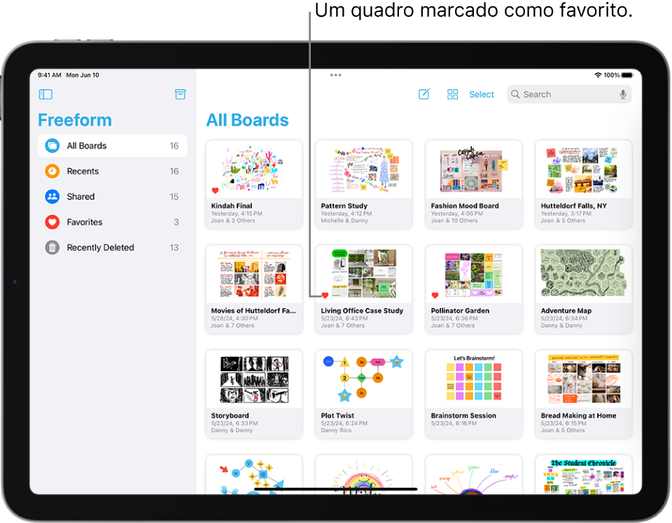 O Freeform está aberto no iPad. A opção Todos os quadros está selecionada na barra lateral e aparecem miniaturas de quadros à direita.