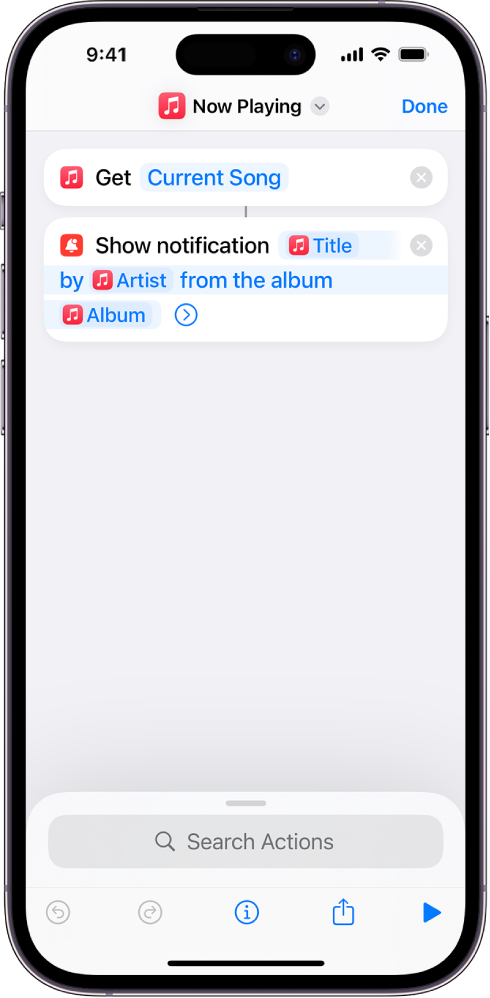 Show Notification action in the shortcut editor and Music Now Playing alert called by the Show Notification action.