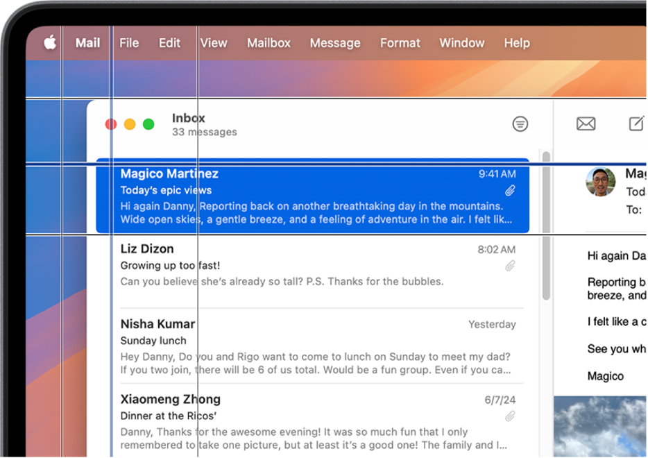 The Mail app is open on the desktop. A horizontal line and a vertical line are superimposed on the screen, and the two lines intersect where the user wants to take action.