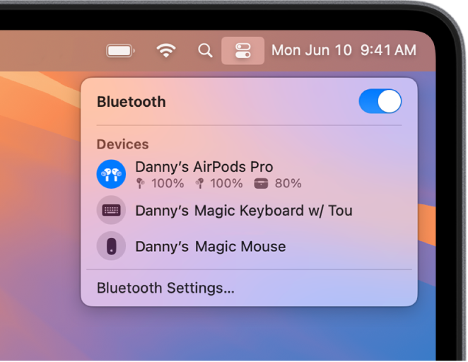 The Bluetooth Menu open in Control Center with Danny’s AirPods Pro connected.