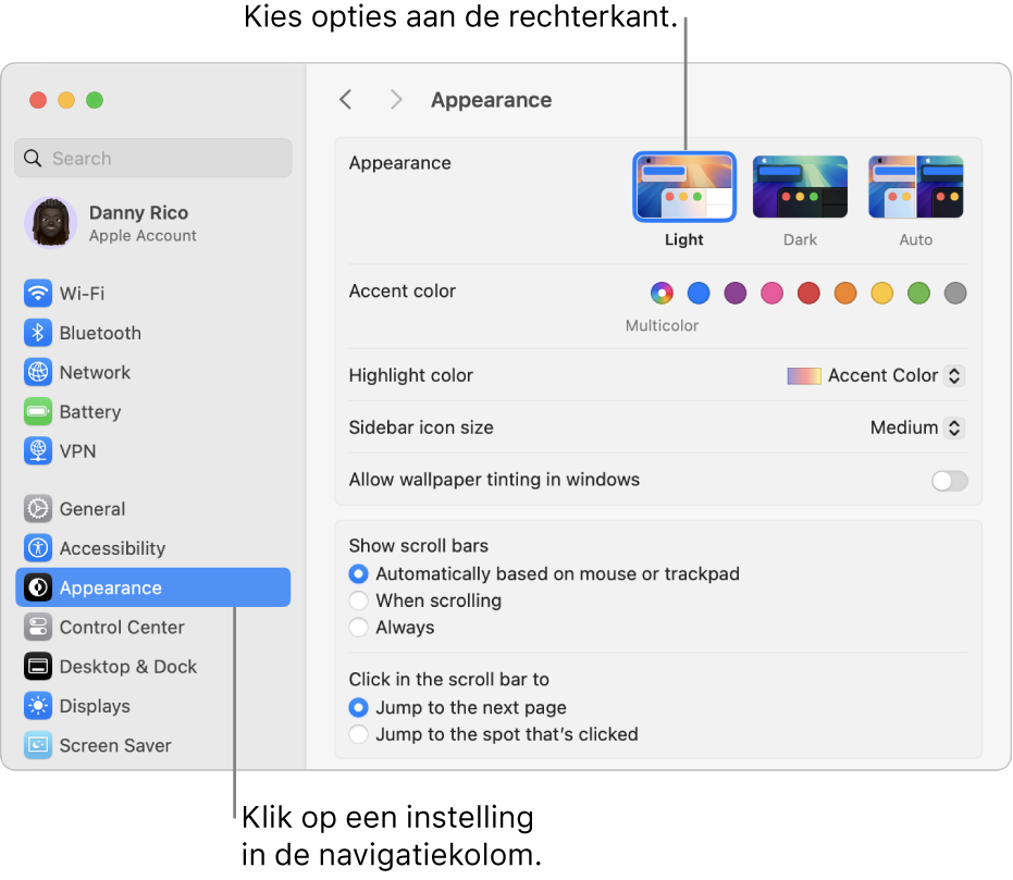 Het venster 'Systeeminstellingen' waarin de instellingen voor 'Weergave' zijn geselecteerd in de navigatiekolom. De weergaveopties worden aan de rechterkant weergegeven.