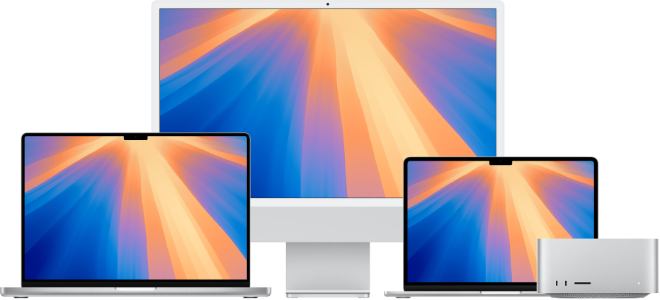 Da esquerda para a direita, um MacBook Pro, um iMac e um MacBook Air com mesas coloridas. Um Mac Studio está totalmente à direita.