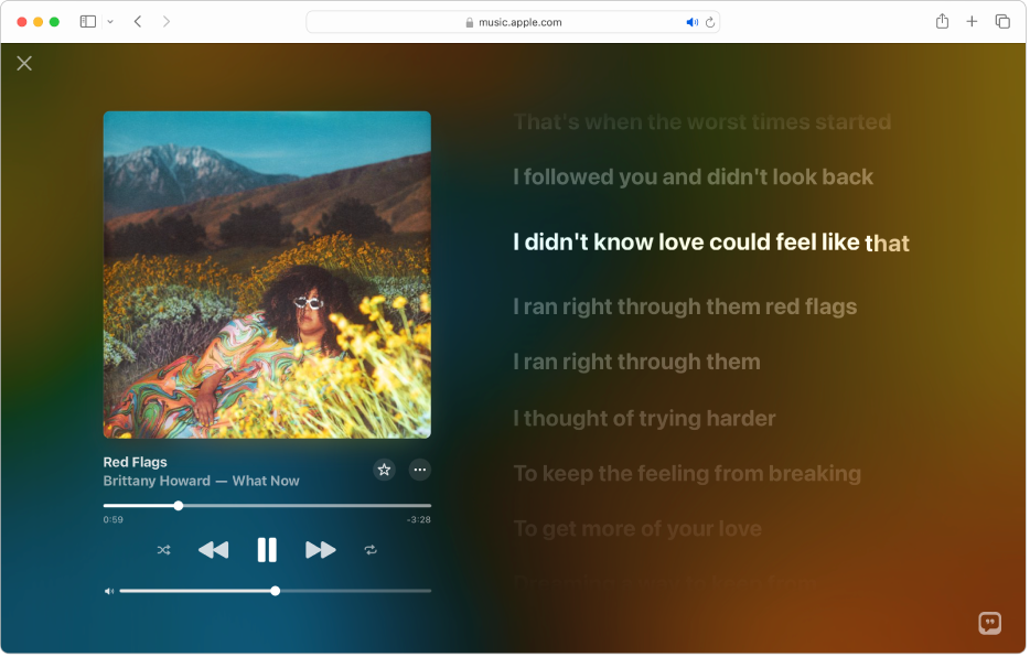 The Full Screen Player with a song playing and lyrics on the right, which appear onscreen in time with the music.