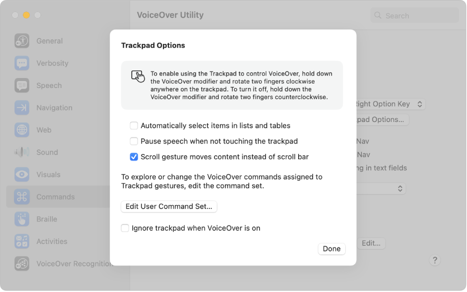 A dialog in VoiceOver Utility showing settings for using the trackpad to control VoiceOver.