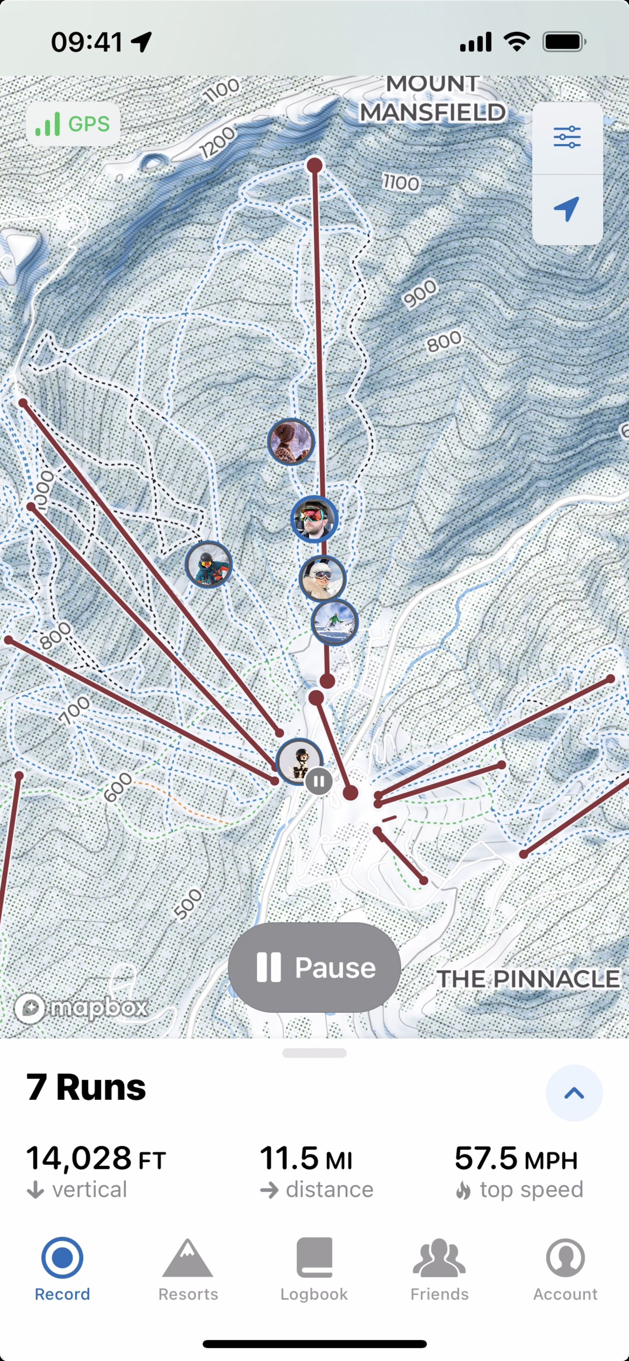 A screenshot of Slopes’s social features, which shows your friends’ location on the mountain. 