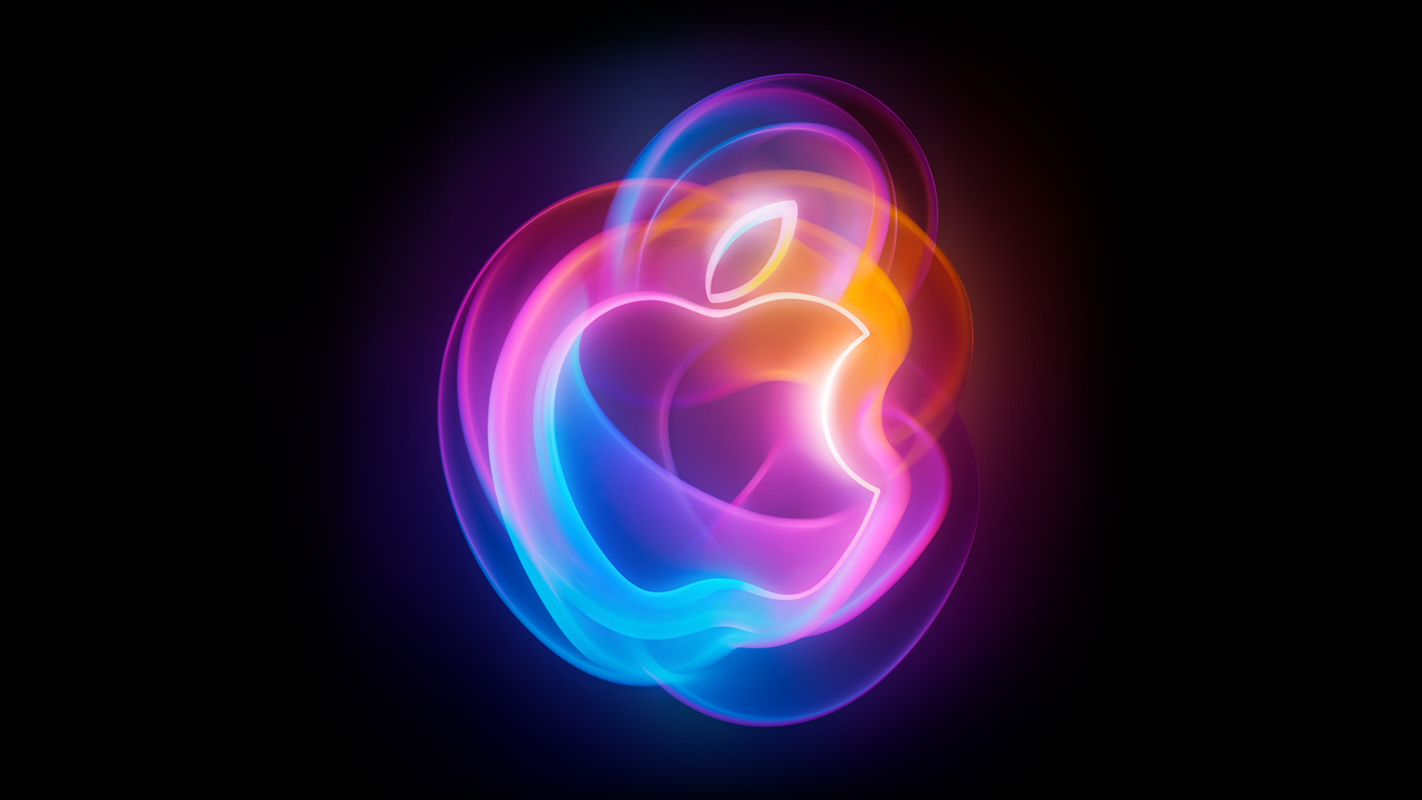 Apple logo surrounded in a glowing gradient of pink, blue, and orange.