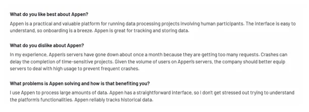 The image shows customer reviews of Appen which is one of the data collection services discussed in this article. 