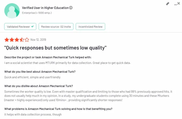 Negative review of Amazon mechanical turk regarding the low quality of its data collection services from G2.