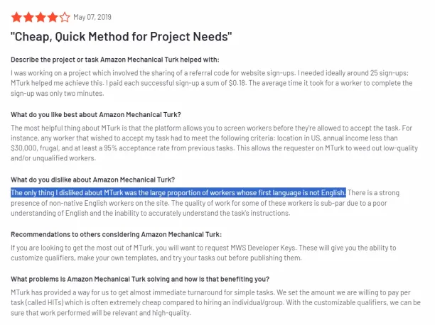 The image shows some positive and negative reviews of MTurk, which is one of the data collection services listed in this article.