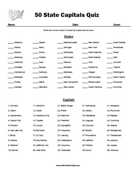 States And Capitals Quiz Printable Pdf