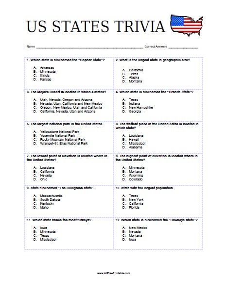 US States Trivia – Free Printable