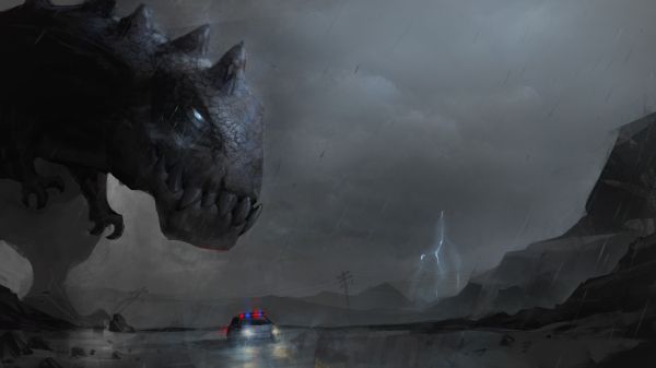 landscape, concept art, lightning, ice, Headlights, dinosaurs