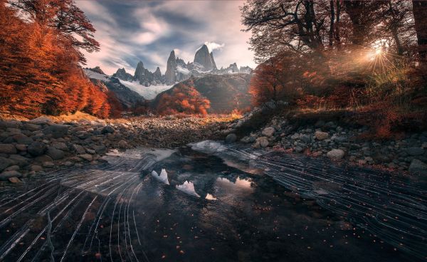 landscape, mountains, sunlight, trees, fall, night