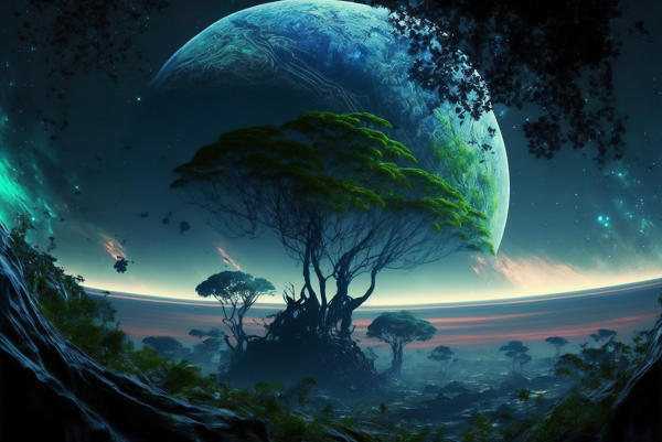 Dämmerung,ai art,Illustration,alien planet,Bäume,Mond