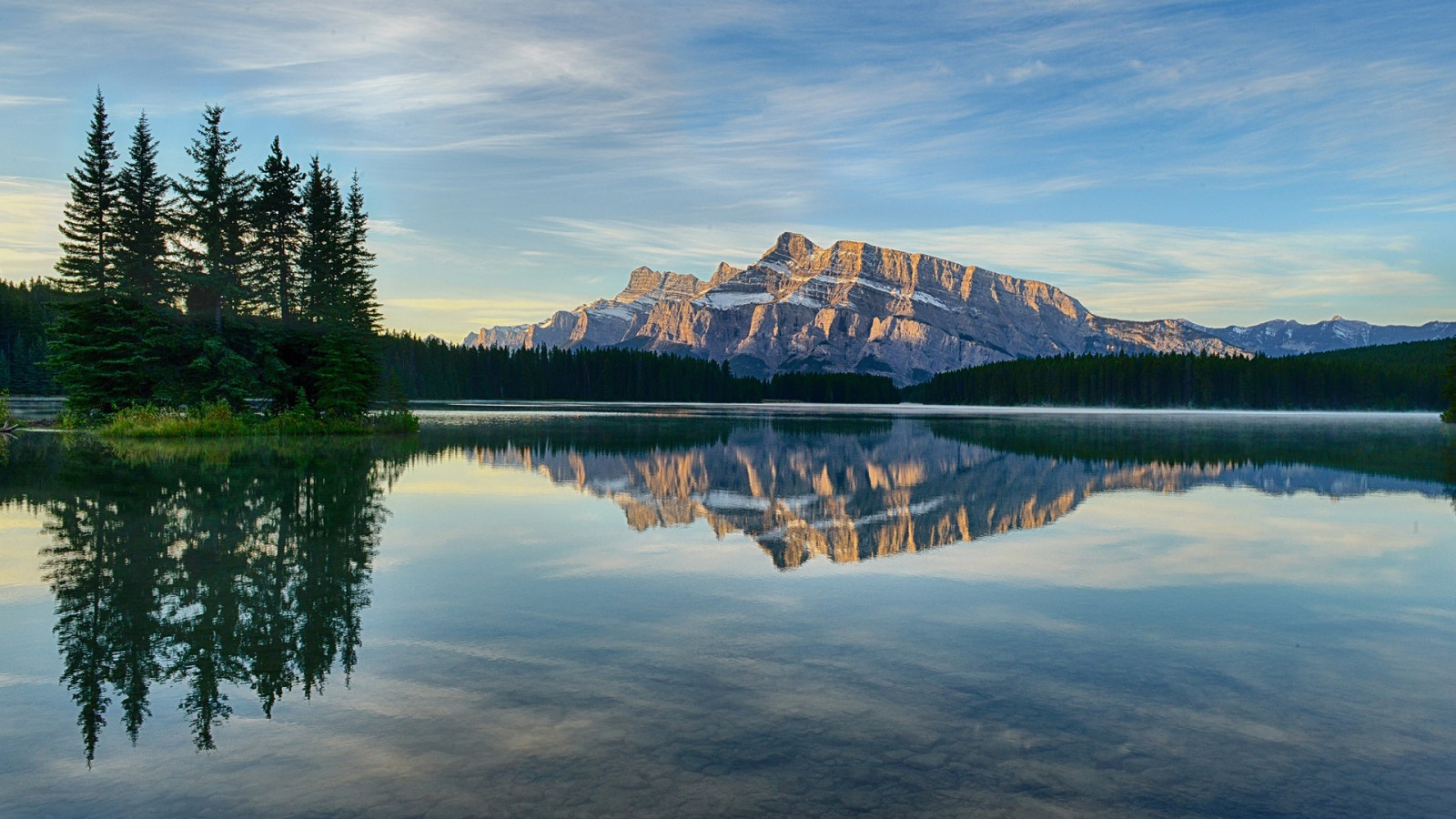 natur, landskap, bergen, sjö, träd, skog, reflexion, moln, vatten, klart vatten, Mount Rundle, Alberta, kanada, Banff National Park