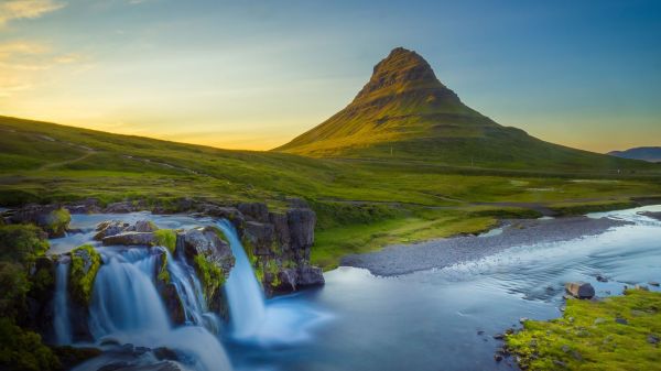 natur, landskab, bjerge, vand, vandfald, græs