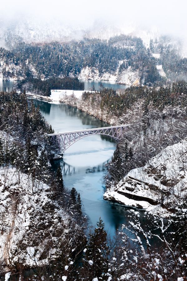 Giappone,valle,la neve,fiume,ponte