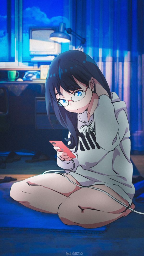 Anime,Anime Mädchen,Frauen mit Brille,Zimmer,Nacht-,Telefon