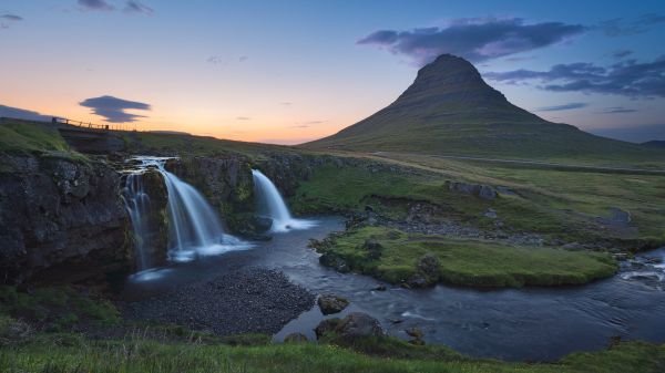 natur, landskab, vandfald, himmel, skyer, bjerge