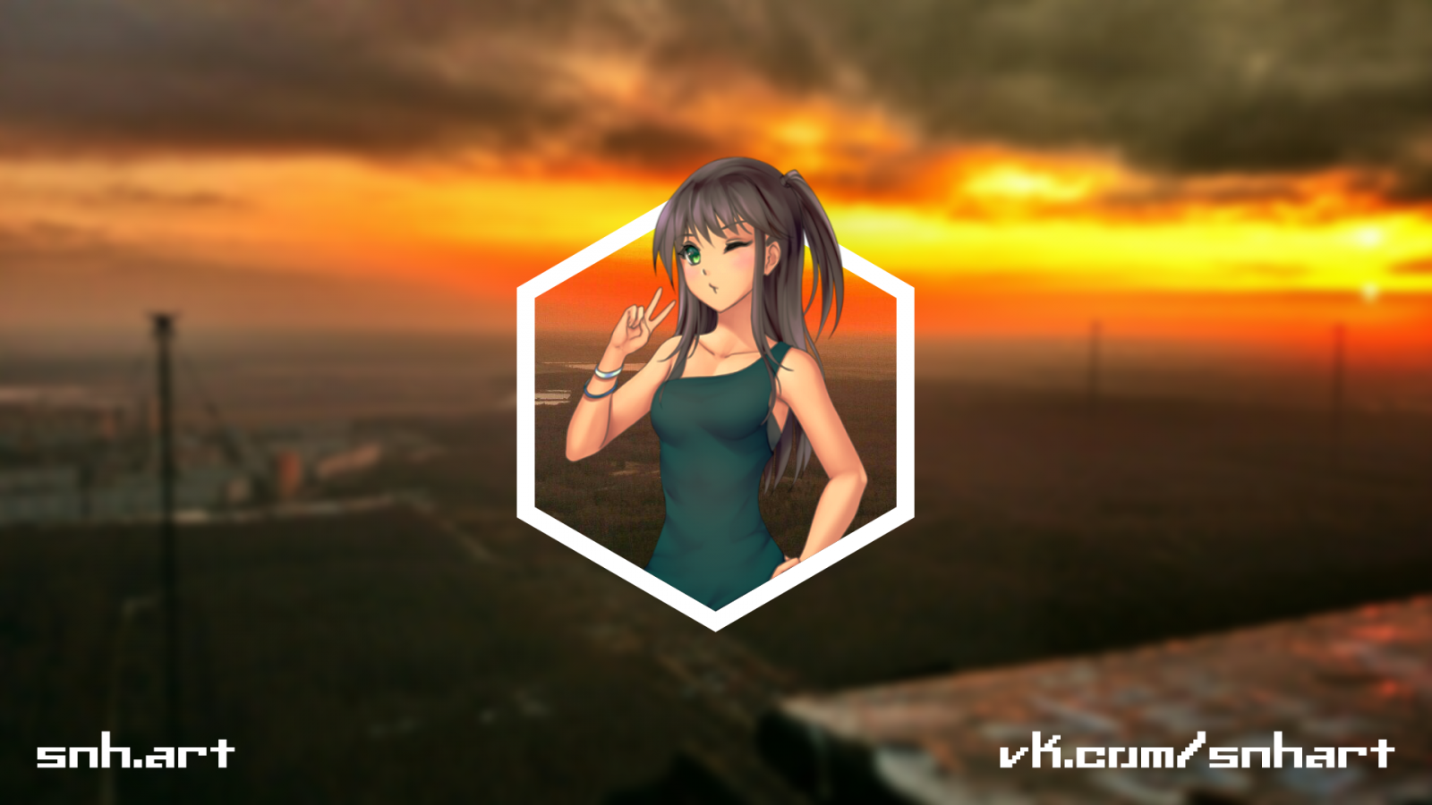 Anime, Sonnenuntergang, picture in picture, Hexagon, Rooftopping, anime irl