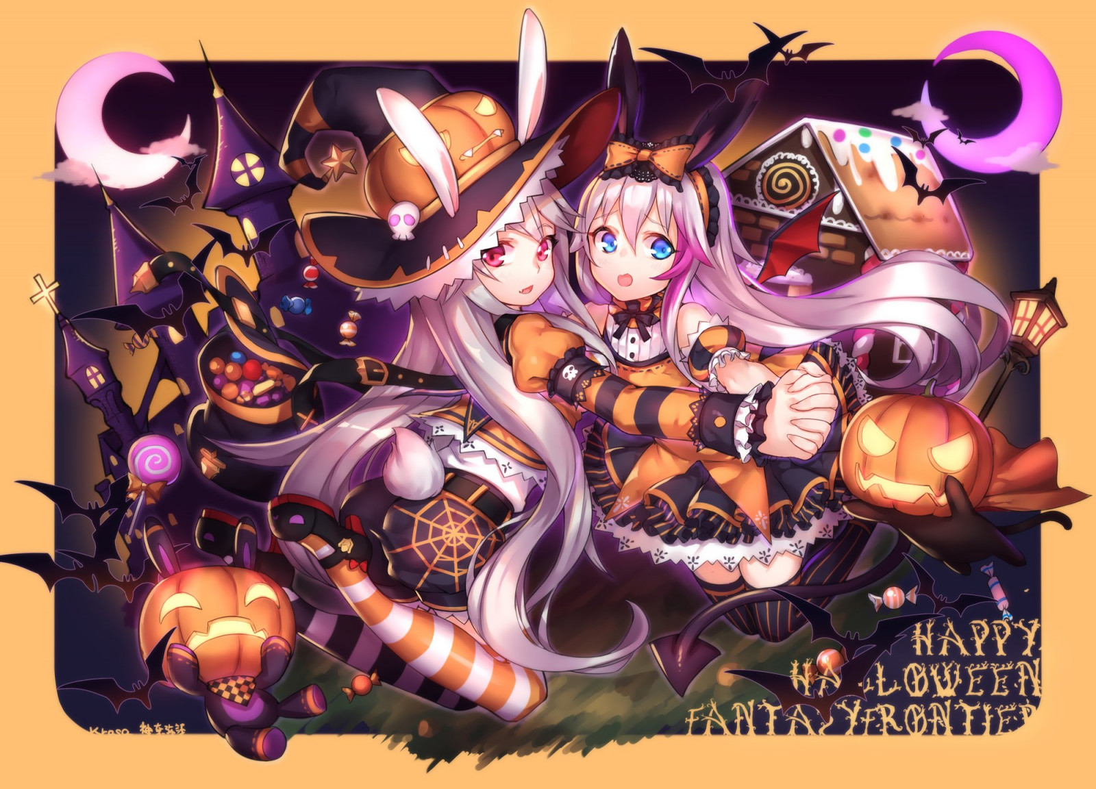 2000x1441 px, Tier, Aqua, Arsch, Hase, Bunnygirl, Katze, Ohren, Augen, Mädchen, Haar, Halloween, lange, Rosa, Kürbis, Schwanz, Thighhighs, Weiß, Flügel, Hexe