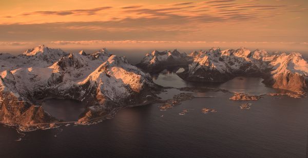 bjerge,snedækket peak,sne,vand,afspejling,solnedgang