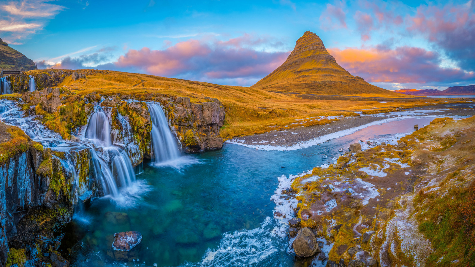 Island, natur, landskab, vandfald, flod, bjerge, vand, solnedgang, himmel, skyer, sten, Kirkjufell