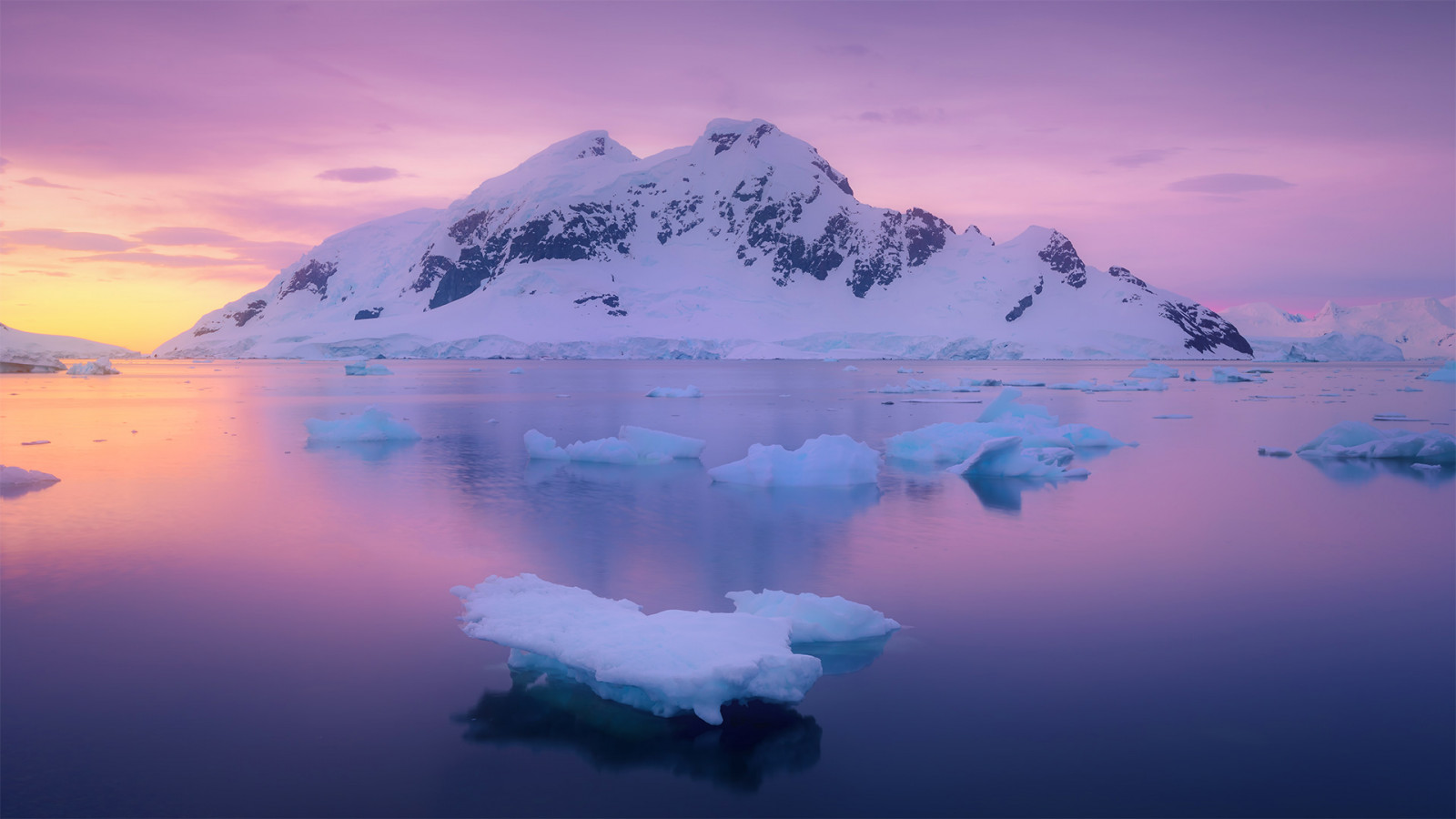 Bing, iceberg, mountains, water, nature, sunset glow