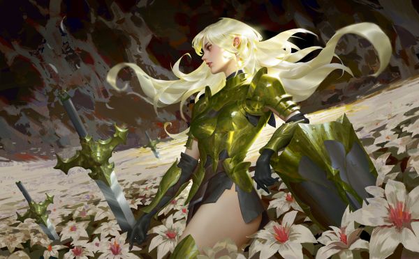 drawing,field,flowers,Ya lun,blonde,knight