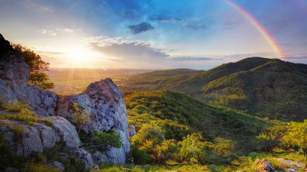 natureza, panorama, Árvores, montanhas, Pedras, arco-íris