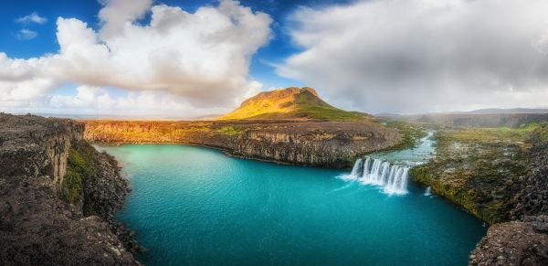 panorama, cascata, mar, Colina, lago, agua