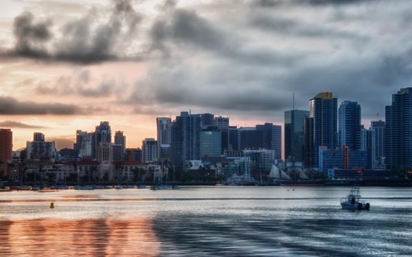 zonsondergang, stad, stadsgezicht, reflectie, horizon, wolkenkrabber