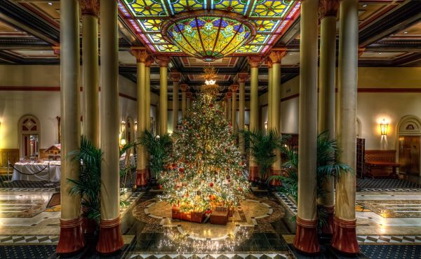 tree,large,Christmas,hall,columns,holiday