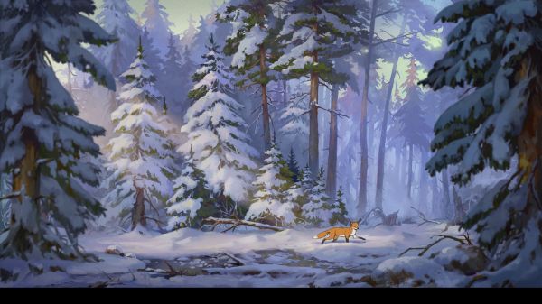 ArtStation,fox,cartoon,winter,forest,fir