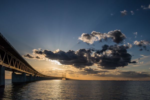 日没,空,水,ブリッジ,海,雲