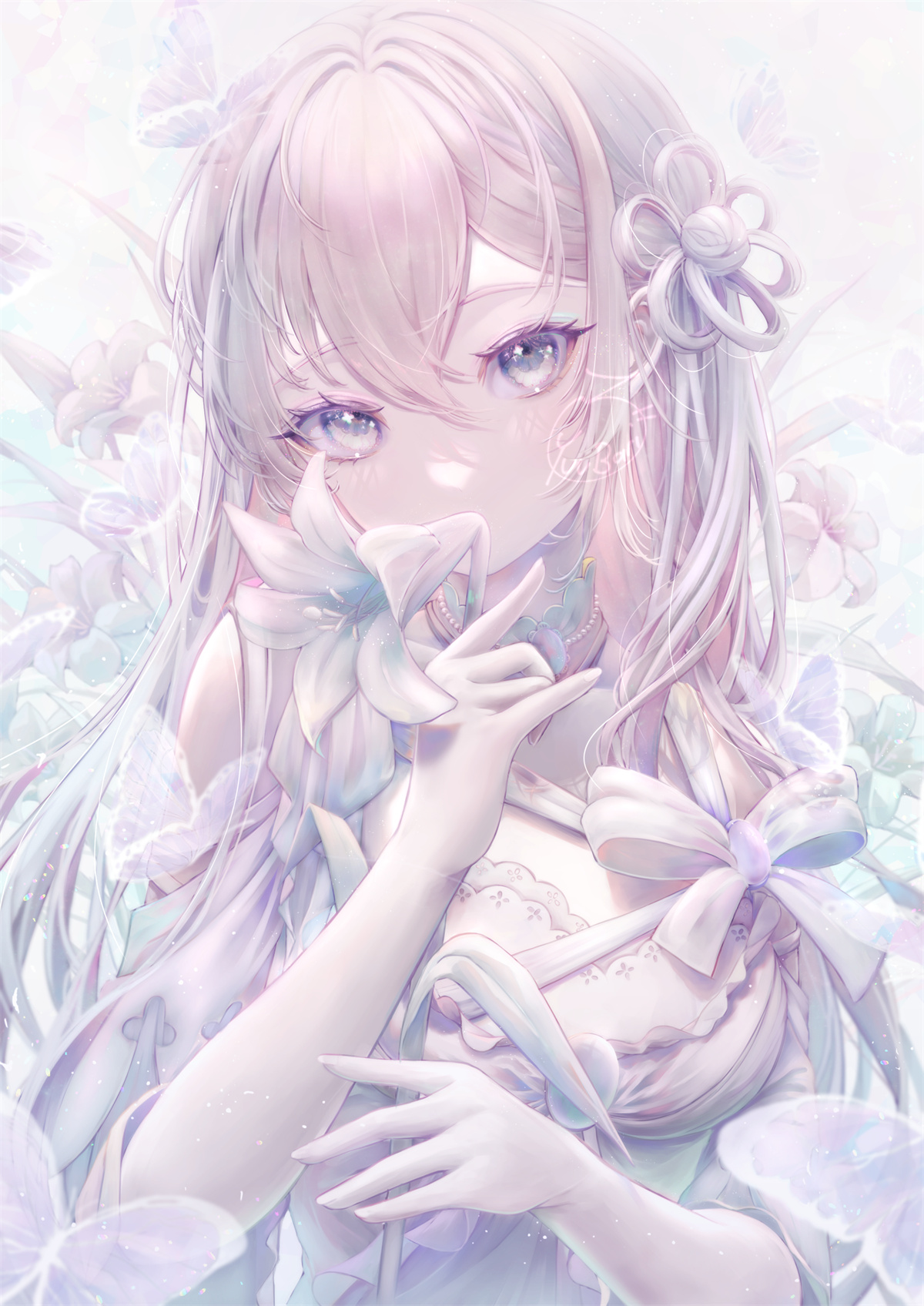 Anime, Filles anime, verticale, Fleur dans les cheveux, fleurs, blanc