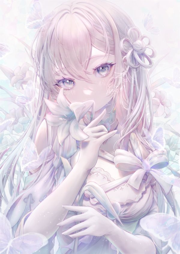 Anime,Filles anime,verticale,fleurs,Fleur dans les cheveux,blanc