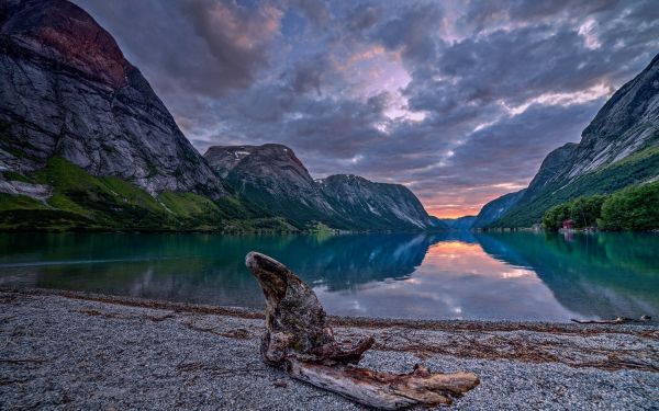 panorama, Pôr do sol, mar, montanhas, baía, noite